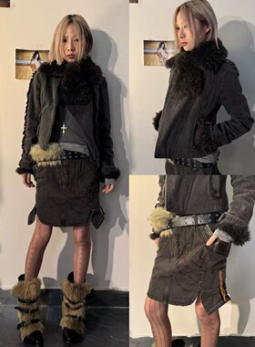 113 Market 25 牛仔复古刺绣洗水拼皮套装外套裙