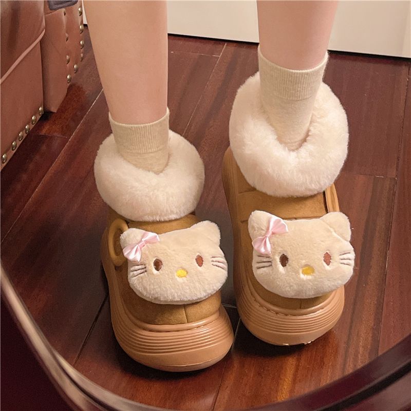 少女感可爱蝴蝶结小猫加绒棉鞋女2025冬季新款厚底增高保暖雪地靴