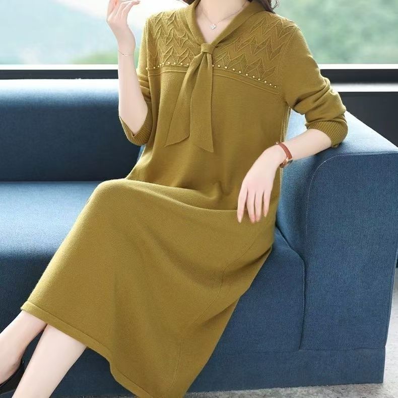 秋冬针织连衣裙长款毛衣新款洋气妈妈大码宽松遮肚显瘦打底裙子