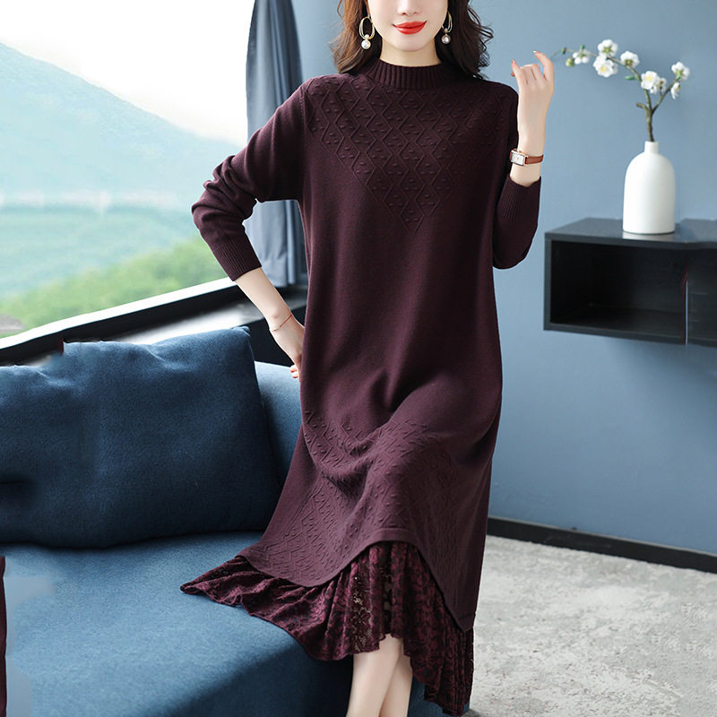 秋冬过膝羊毛中长裙女羊绒蕾丝拼接针织连衣裙宽松打底加厚毛
