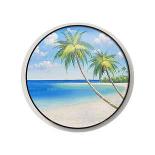 手绘海南山水风景油画椰子树有框画圆形壁画入户玄关走廊卧室挂画