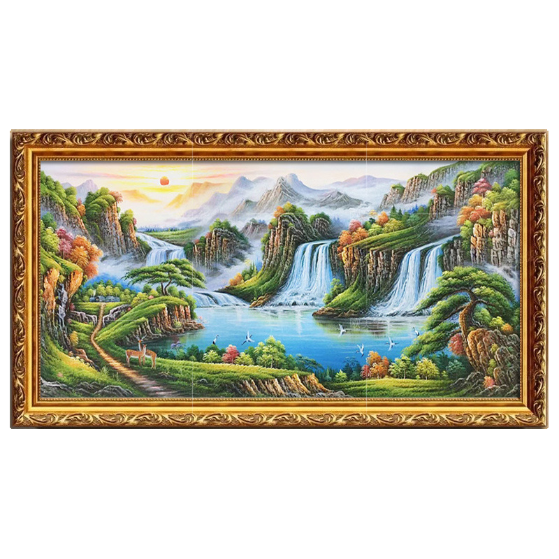 手绘聚宝盆中式山水风景油画