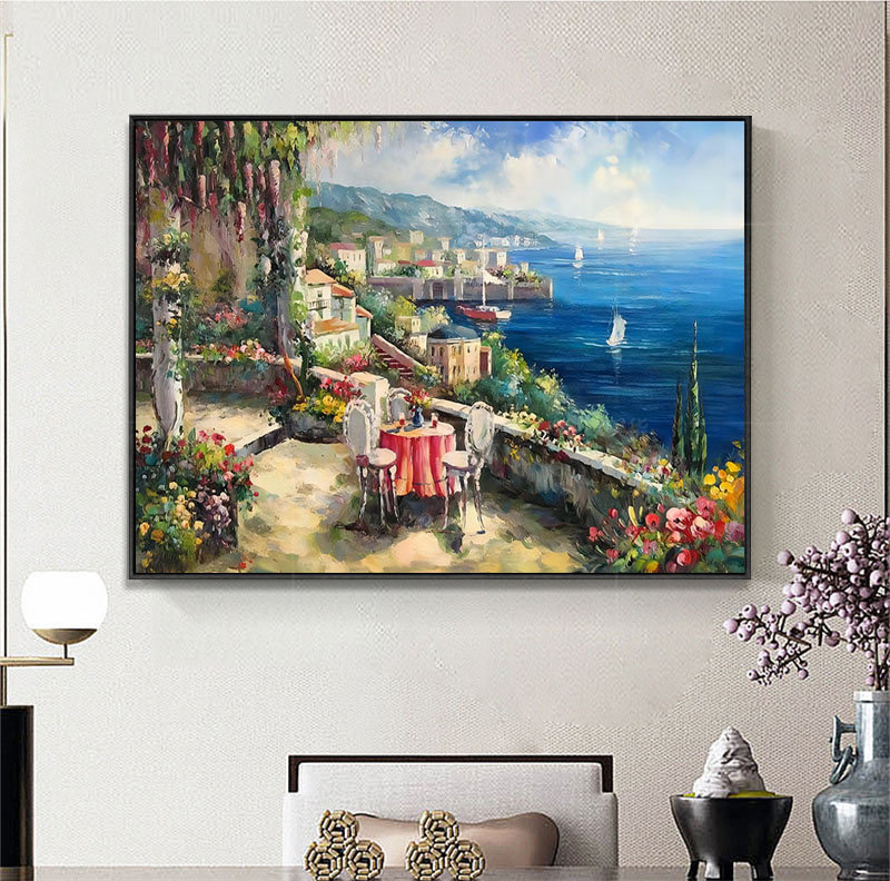 手绘油画山水风景花园景玄关装饰画轻奢简约客厅过道卧室挂画壁画