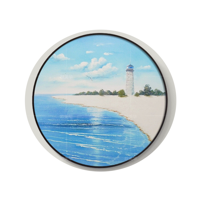 手绘油画海南景山水风景有框画圆形轻奢壁画入户玄关走廊卧室挂画