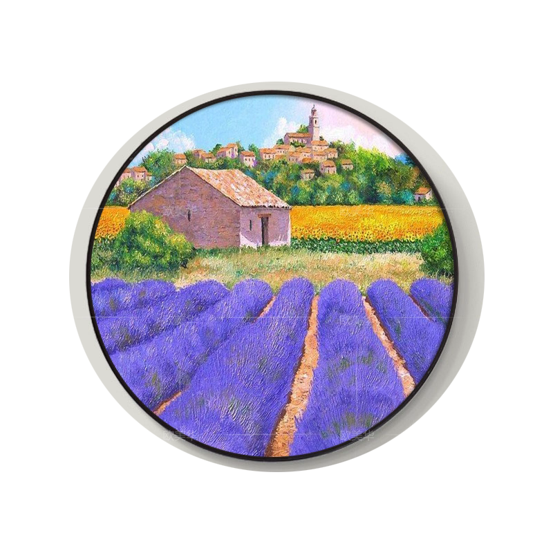 手绘油画圆形田园风景薰衣草装饰画向日葵玄关过道走廊挂画简约