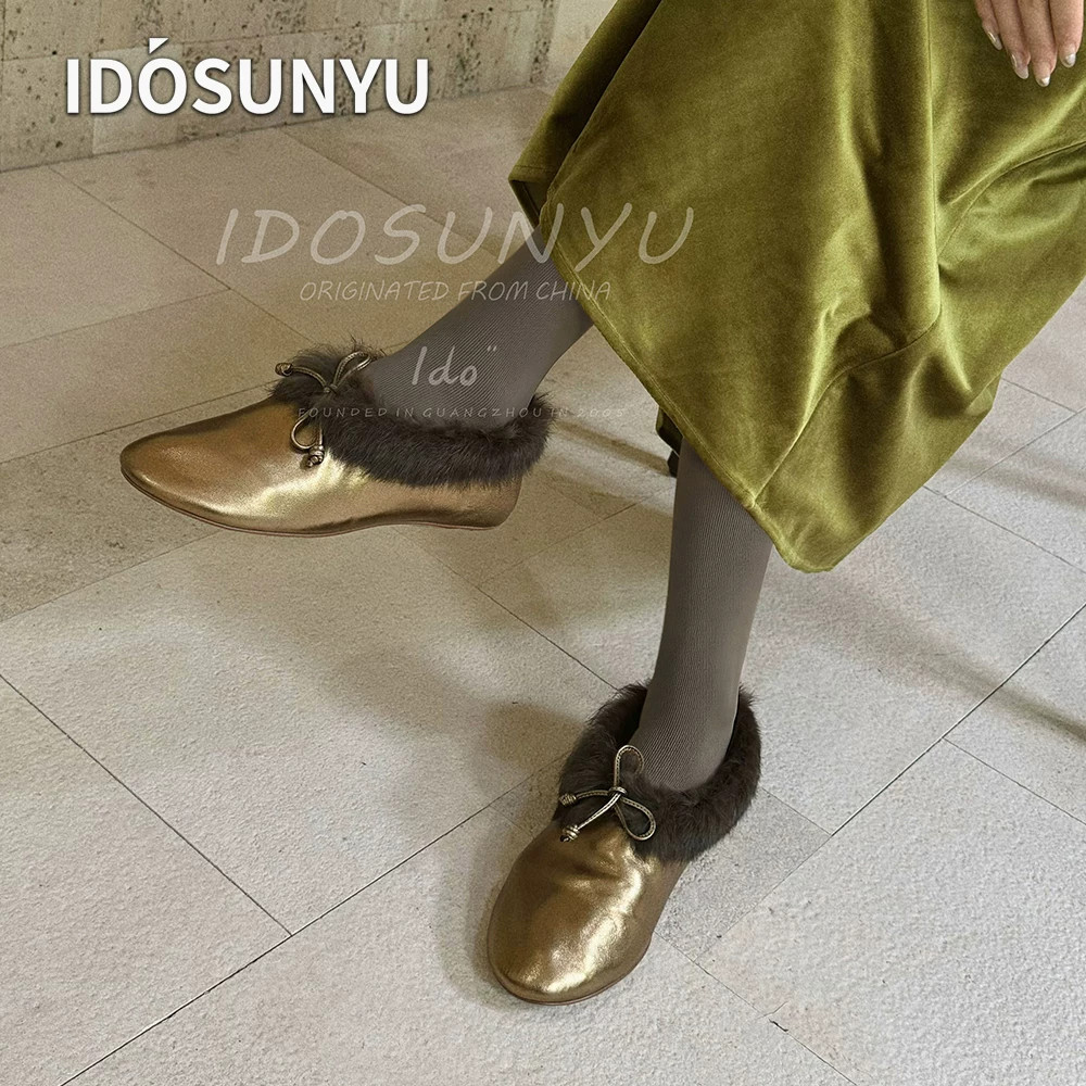 IDO欧货羊皮兔毛平底女蝴蝶结包头半拖真皮毛毛鞋百搭时尚穆勒鞋
