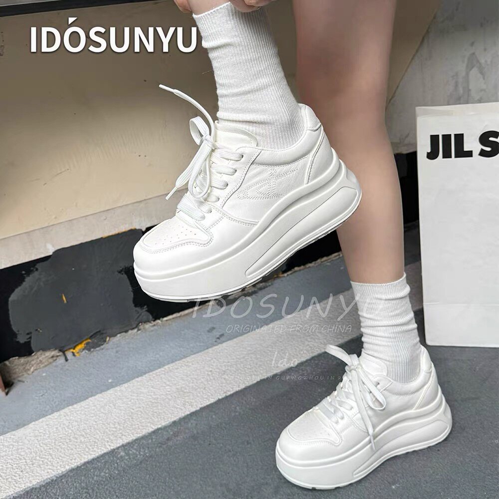 idosunyu欧货进口头层牛皮7.5CM小白鞋女款百搭增高休闲系带单鞋