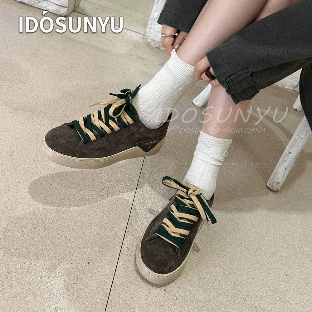 IDO欧货新款进口牛皮休闲板鞋女低跟羊皮内里复古撞色鞋带百搭鞋
