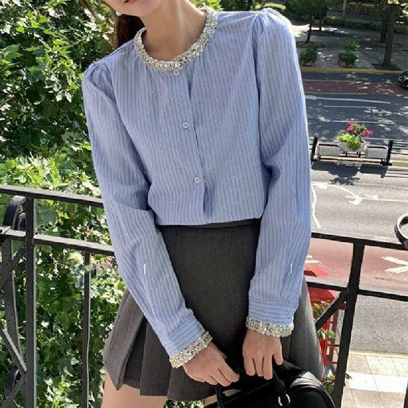 亮片衬衫女长袖2025春季新款高端气质名媛烫钻条纹衬衣上衣打底衫,女装/女士精品,衬衫,淘宝优惠券,粉丝福利购,淘宝优惠卷