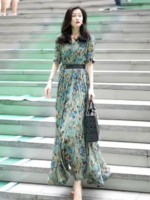 广州十三行连衣裙女2024年春夏新款高级感印花收腰雪纺高个子长裙