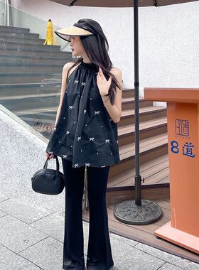 法式印花无袖衬衫女夏季新款吊带设计感小众薄款锁骨挂脖上衣ins