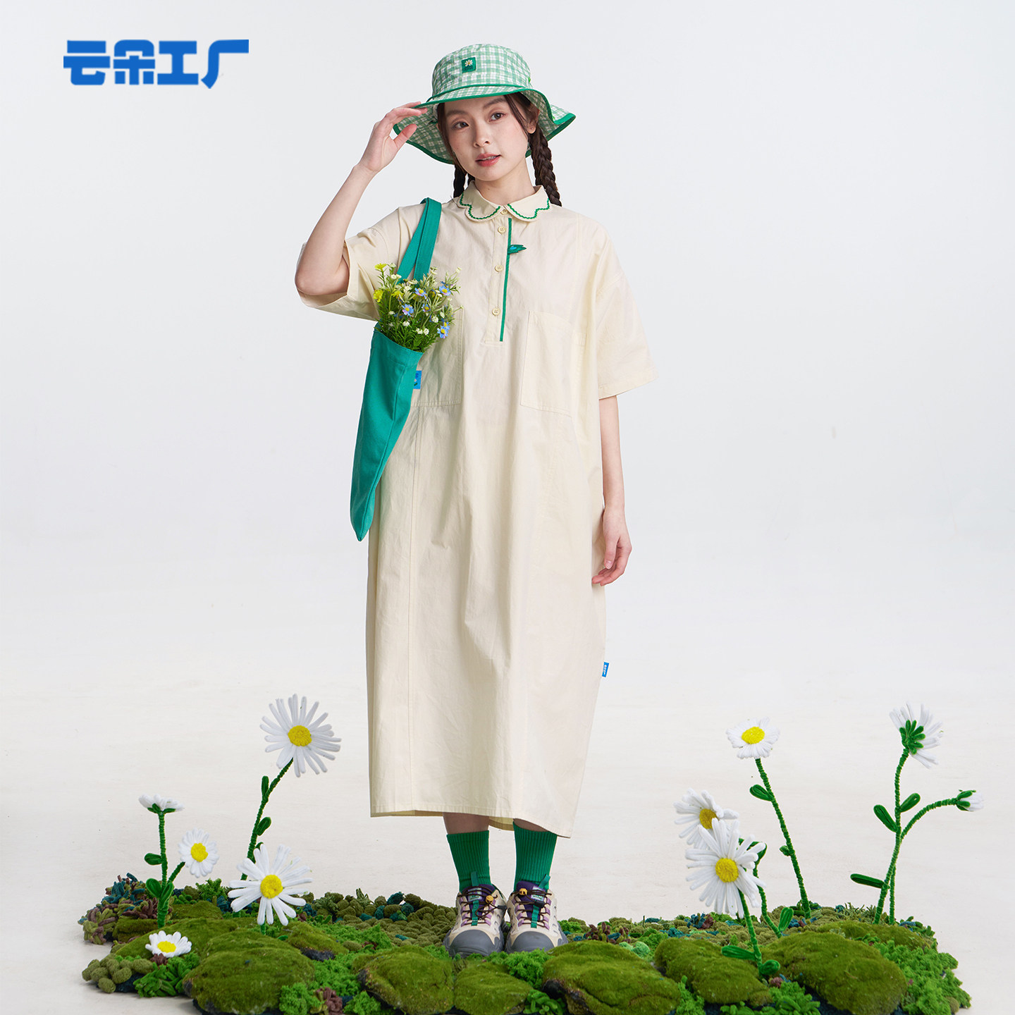 云朵工厂花学家衬衫连衣裙女夏半开襟宽松中长款短袖罩衫裙设计感