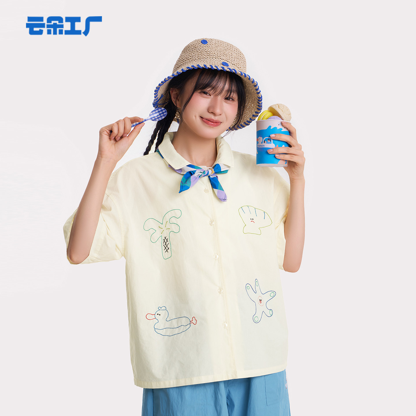云朵工厂八头船插画短袖衬衫女小众设计感短款翻领上衣可爱绣花