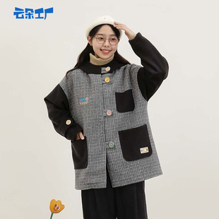 格子上衣復(fù)古女韓版 云朵工廠種子毛呢拼接連帽外套女秋冬短款 寬松