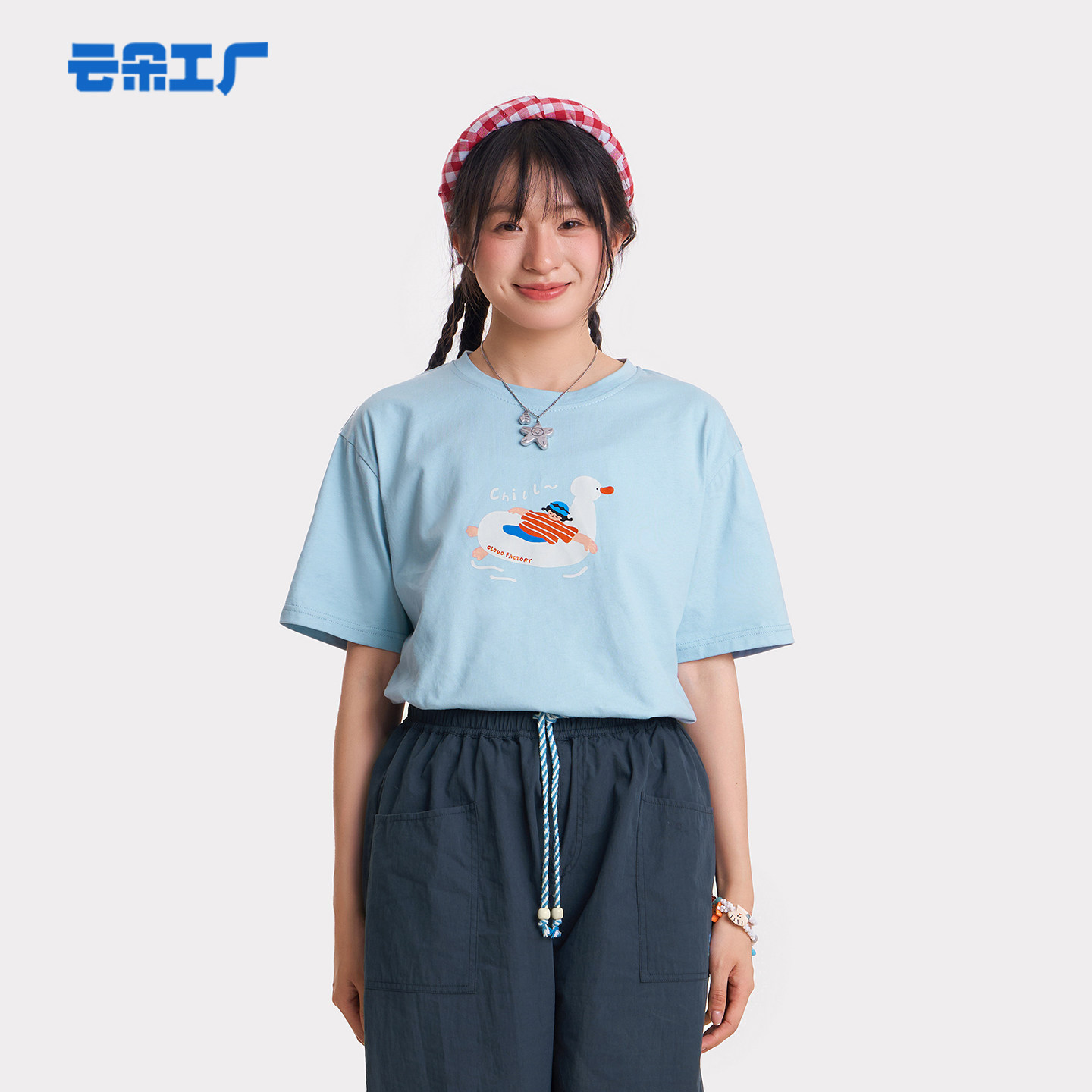 云朵工厂八头船鸭子印花T恤宽松圆领短袖上衣落肩女2026夏季新款