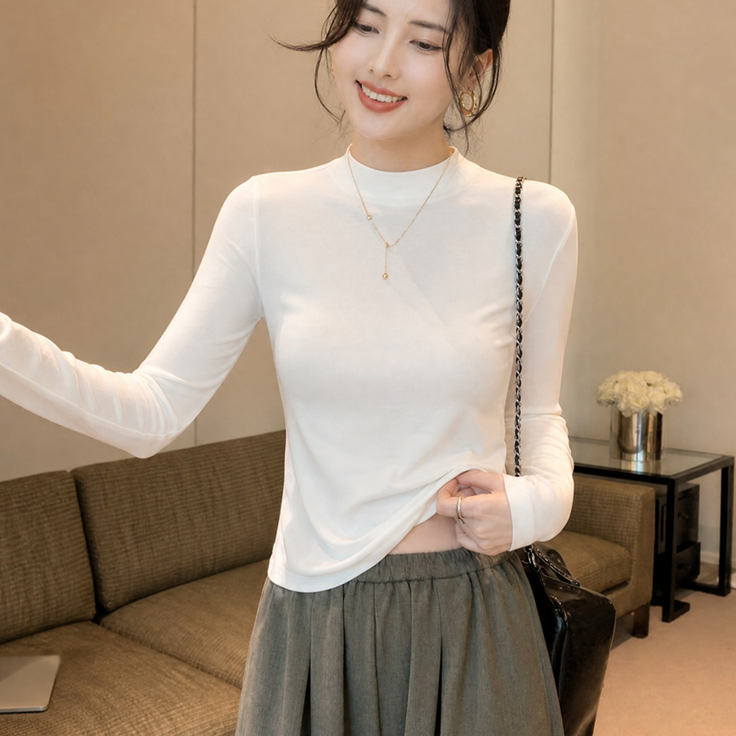 软糯半高领修身打底衫女2026秋新款叠穿内搭白色小立领莫代尔上衣
