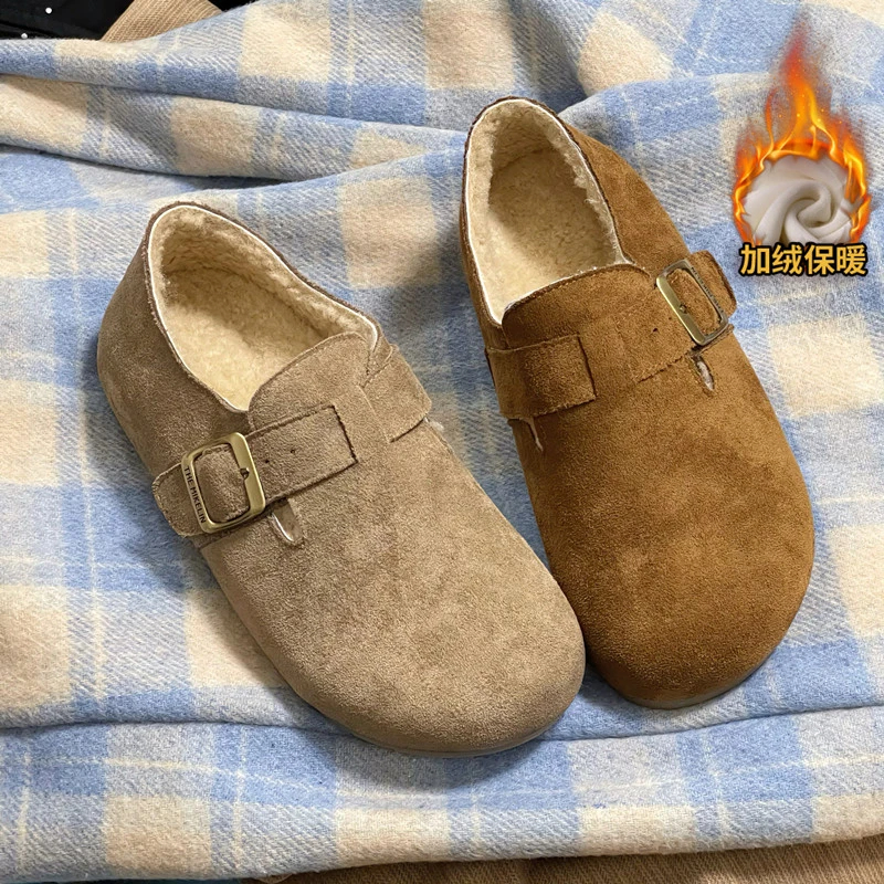 大码女鞋41到43秋冬加绒勃肯棉鞋女软底博肯鞋薄绒宽胖脚一蹬鞋冬