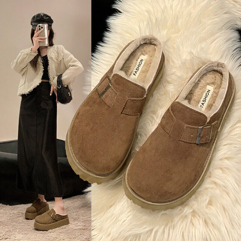 大码女鞋41到43胖脚复古厚底包头半拖鞋女秋冬外穿加绒勃肯托拖鞋