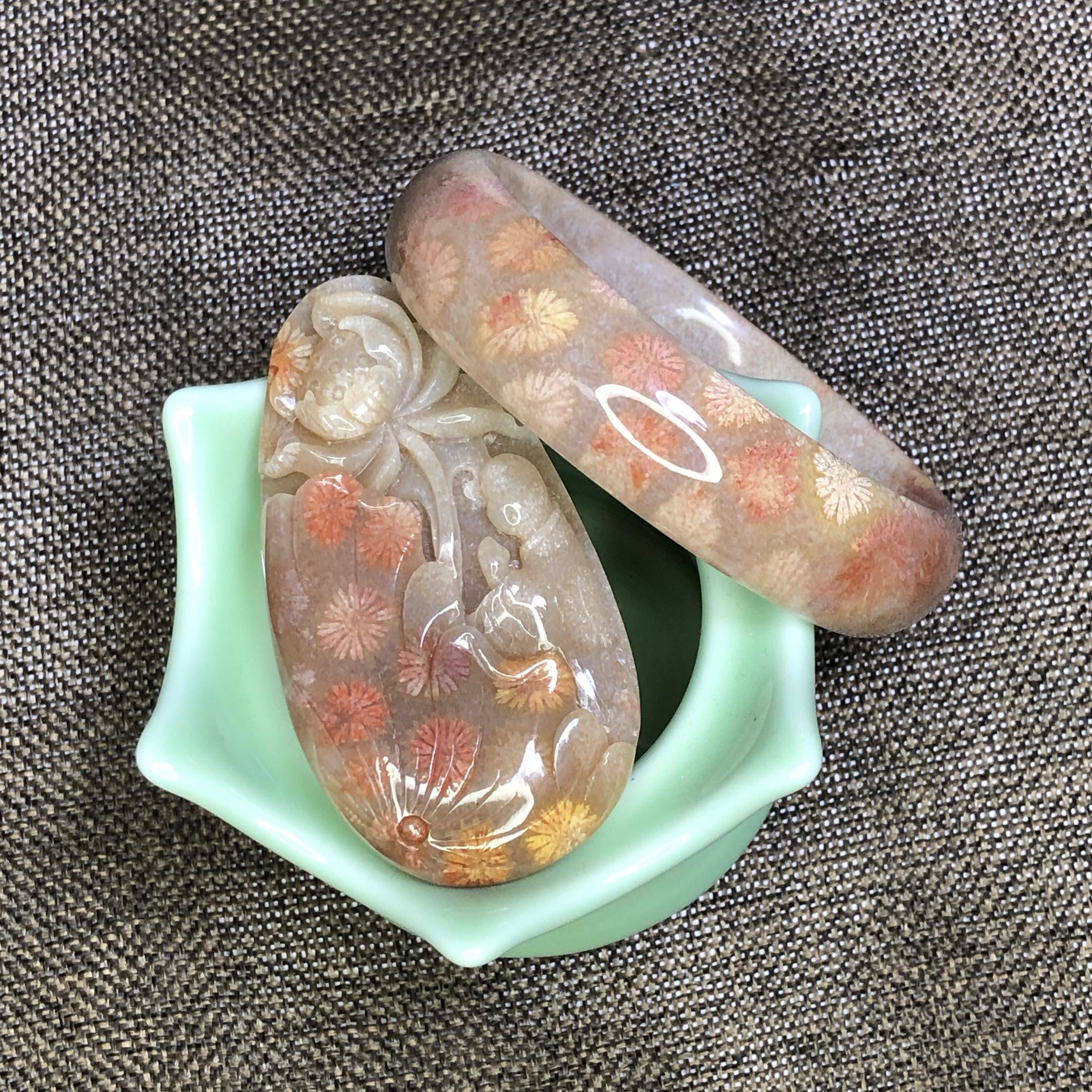 小斌仔文玩天然珊瑚玉全玉化雕刻件手镯菊花石吊坠平安扣元珠手链