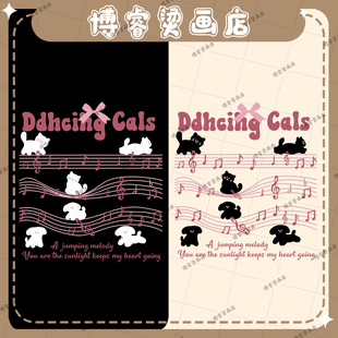 白墨烫画贴 ins趣味音符小黑猫咪衣服印花装饰贴热转印新款图案