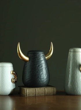 美式样板房装饰收纳储物罐陶瓷摆件家居工艺品 小号绵羊犀牛角罐