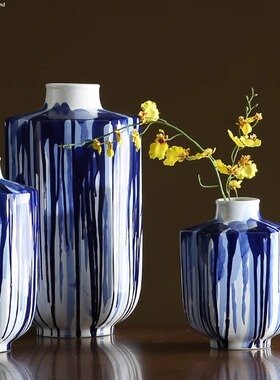 蓝色流釉陶瓷花瓶 玄关客厅插花花器家居装饰品摆件 六角圆底摆瓶
