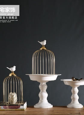 新中式家居软装饰品样板间客厅书房创意鸟笼装饰摆件陶瓷托盘鸟笼