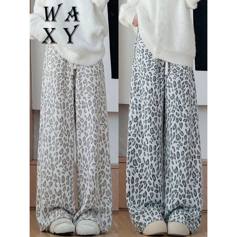 黑色百搭显瘦休闲豹纹软糯阔腿裤女秋冬新款加绒垂感高腰直筒裤潮