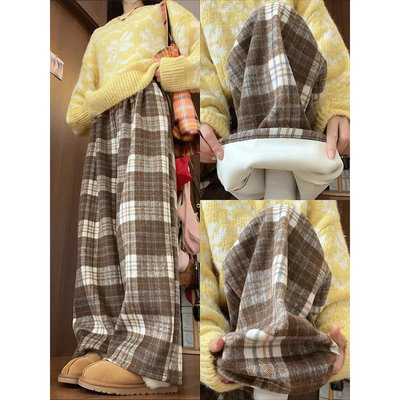 咖色加厚格子阔腿裤女秋冬季2025新款加绒裤子慵懒宽松休闲裤时髦