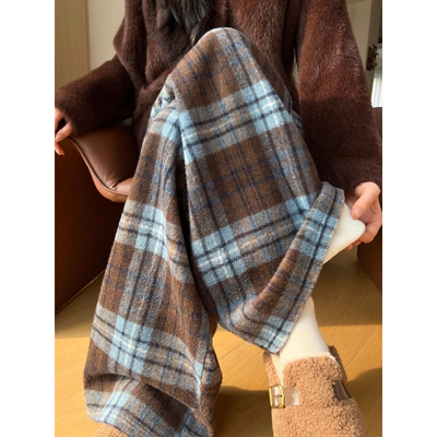 复古蓝色加绒格子裤女秋冬季2025新款慵懒风宽松小个子韩版阔腿裤