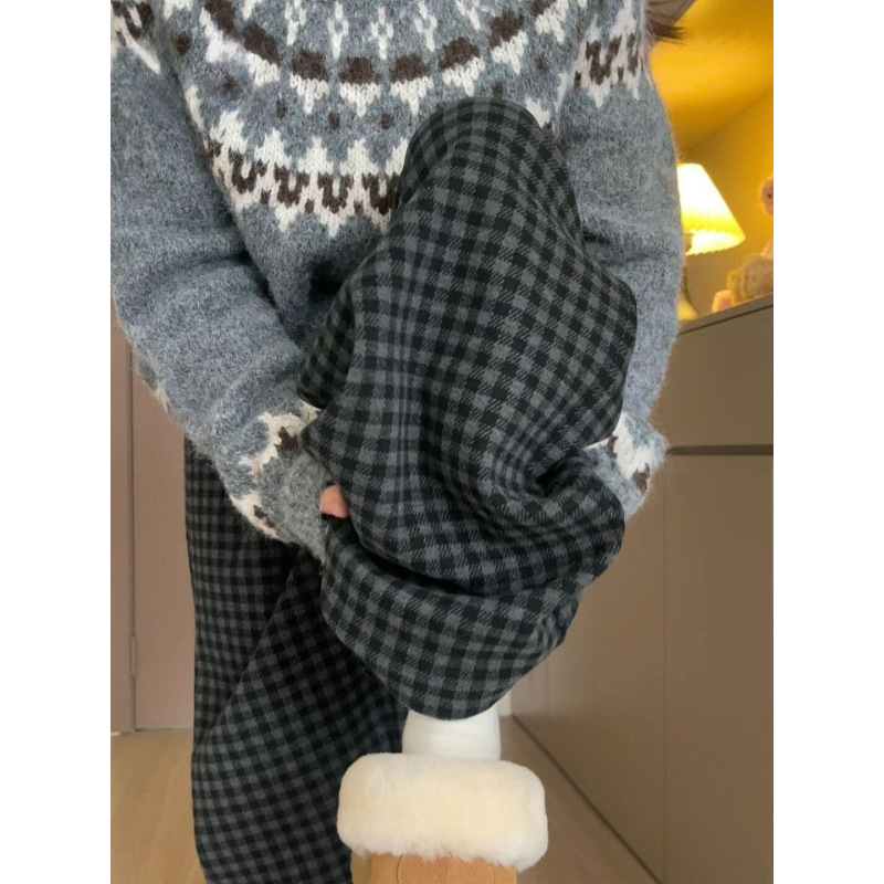 黑色格子裤女秋冬季2025新款高腰松弛感休闲裤加绒垂感百搭直筒裤