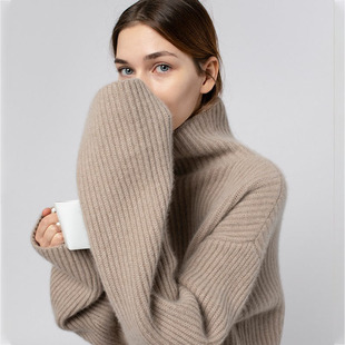美惨! 高克重加厚羊绒衫女慵懒风套头烟囱领宽松保暖针织阔袖毛衣