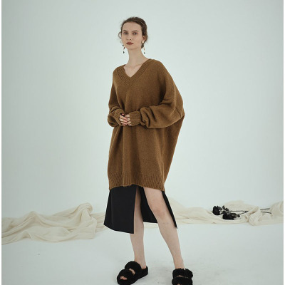 欧美宽松羊绒纯色V领连衣裙