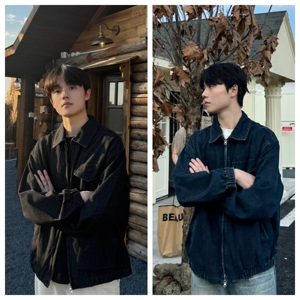 苏大恒定制韩版百搭复古水洗做旧长袖立领拉链牛仔宽松夹克外套