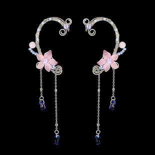 原创设计彩珠耳环花朵古风耳挂无耳洞汉服百搭耳坠手工夜光耳饰新