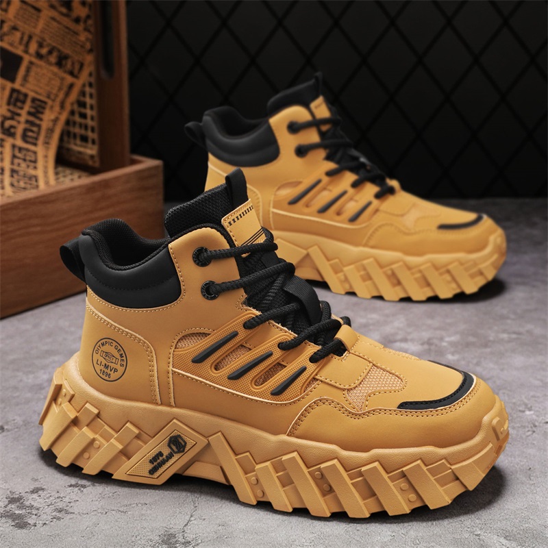 高帮鞋男鞋冬季新款皮面厚底耐磨大黄马丁靴男加绒棉鞋工装运动鞋