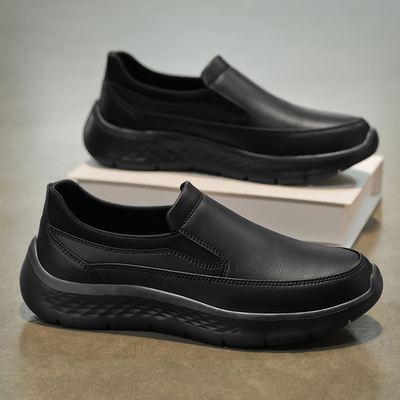 厨师鞋男冬季厨房专用防油防水防滑一脚蹬劳保鞋黑色上班工作皮鞋