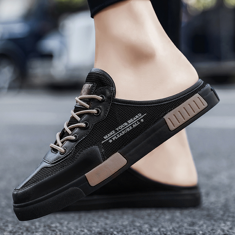 男鞋冬季外穿透气网面包头半拖板鞋青少年懒人一脚蹬无后跟开车鞋