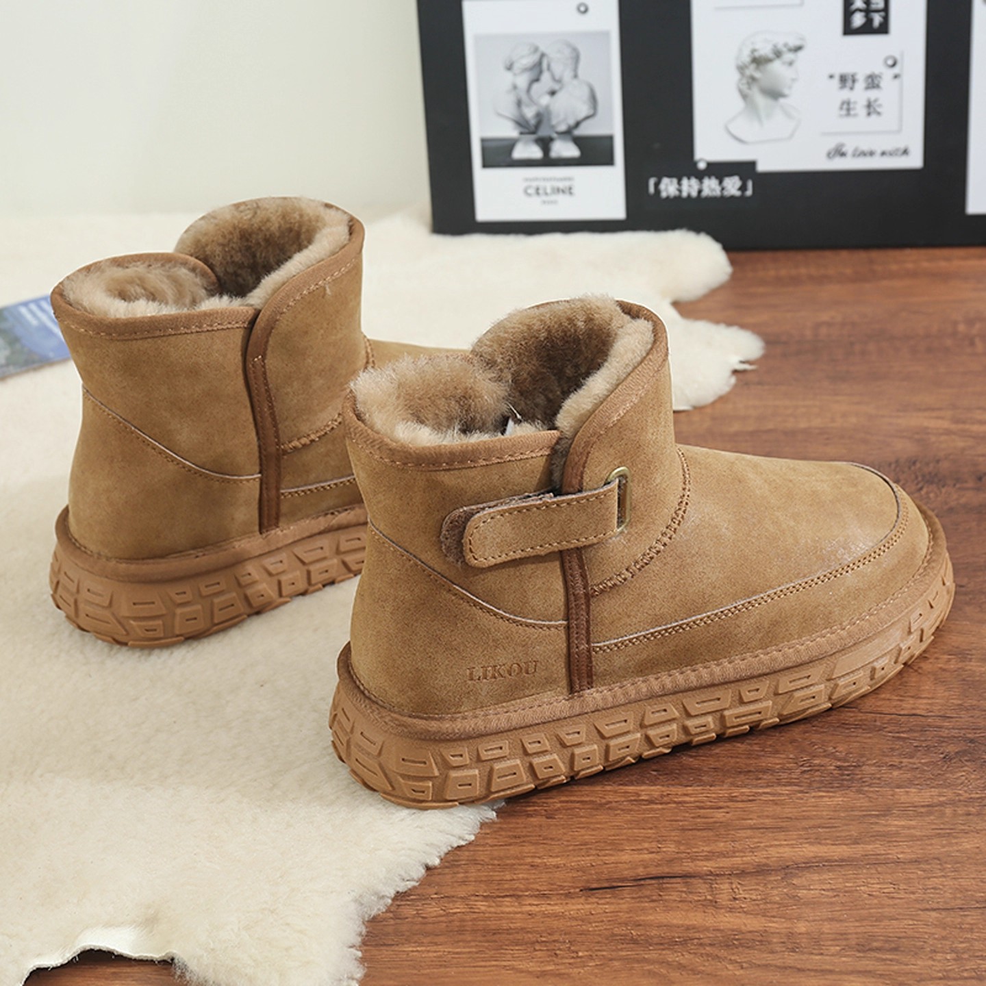 雪地靴男冬季加绒保暖东北大棉鞋青少年皮毛一体休闲户外防寒棉靴