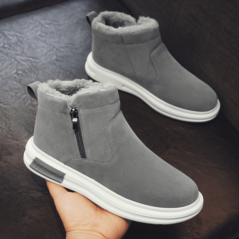 棉鞋男冬季皮毛一体加绒加厚户外东北一脚蹬侧拉链保暖高帮雪地靴