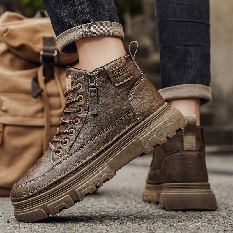 马丁靴男高帮冬季英伦风复古侧拉链男士皮鞋增高骑行防水工装靴子