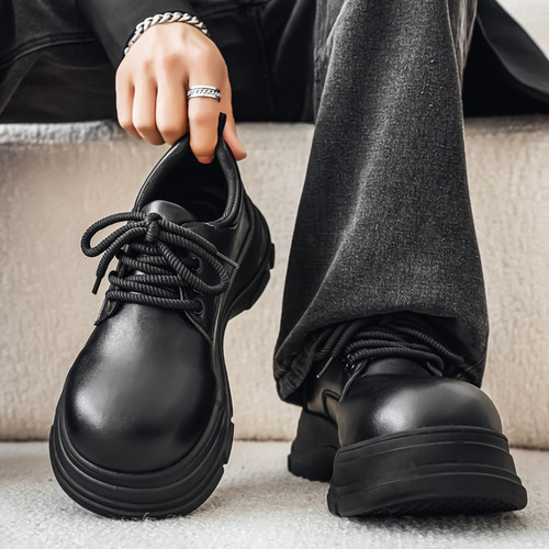 男鞋冬季英伦百搭低帮纯黑色大头皮鞋男士休闲商务厚底增高德比鞋