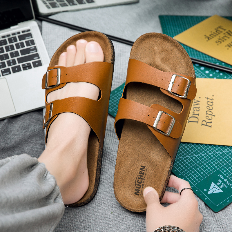 勃肯拖鞋男外穿防滑厚底皮面休闲凉拖青少年户外运动大码沙滩凉鞋