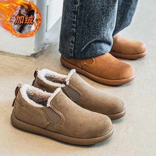 男鞋冬季防滑加绒保暖棉鞋男士一脚蹬休闲复古轻便皮毛一体勃肯鞋
