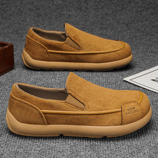 男鞋2026新款春季复古棕色休闲翻毛皮鞋男士防滑软底一脚蹬勃肯鞋