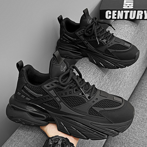 男鞋2026新款春季纯黑厚底增高黑武士网面透气休闲运动鞋老爹潮鞋
