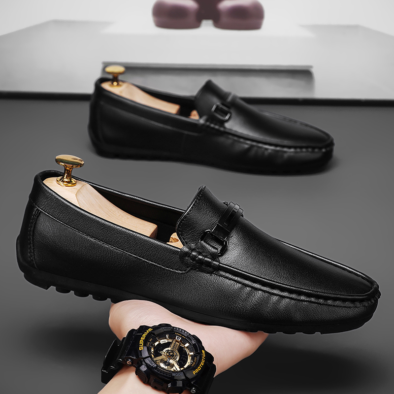 豆豆男鞋冬季英伦风黑色商务男士休闲皮鞋一脚蹬开车软底工作潮鞋