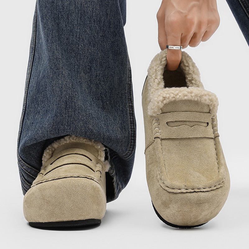 棉拖鞋男冬季皮毛一体一脚蹬低帮防寒雪地靴加绒保暖穆勒勃肯棉鞋