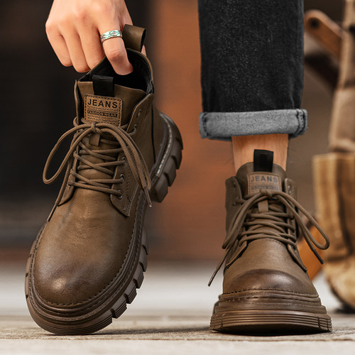马丁靴男2025新款英伦风复古高帮工装靴男士真皮休闲防水棕色皮鞋