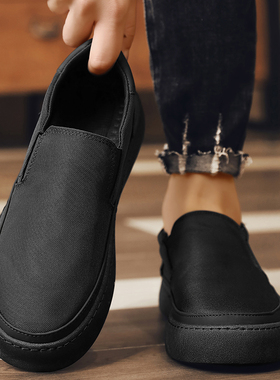 老北京布鞋男款夏季透气一脚蹬冰丝板鞋男士大码纯黑色工作劳保鞋